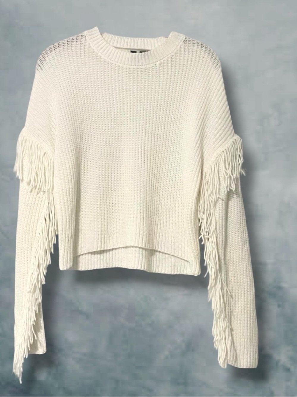 Free For All_Fringe Long Sleeves Knitted Cropped Crewneck Cream Sweater Size: L - Picture 4 of 8